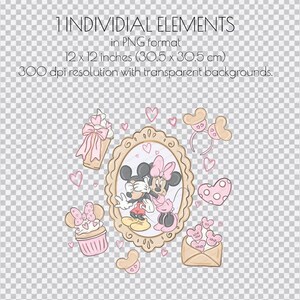 May include: A collection of cartoon illustrations featuring Mickey and Minnie Mouse, hearts, cupcakes, and bows. The image includes text indicating the elements are in PNG format, 12 x 12 inches (30.5 x 30.5 cm), and 300 dpi resolution.