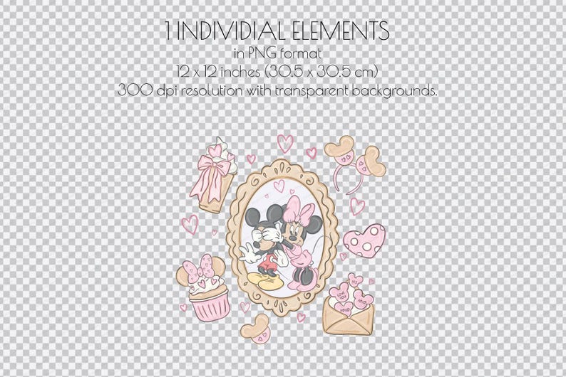 May include: A collection of cartoon illustrations featuring Mickey and Minnie Mouse, hearts, cupcakes, and bows. The image includes text indicating the elements are in PNG format, 12 x 12 inches (30.5 x 30.5 cm), and 300 dpi resolution.