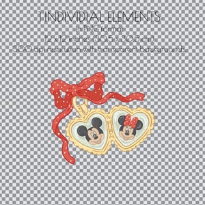 Puede incluir: Dos medallones en forma de coraz&oacute;n con lazos rojos, uno con Mickey Mouse y el otro con Minnie Mouse. Los medallones est&aacute;n conectados por una cinta roja con lunares blancos.