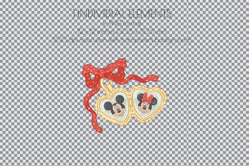 Puede incluir: Dos medallones en forma de coraz&oacute;n con lazos rojos, uno con Mickey Mouse y el otro con Minnie Mouse. Los medallones est&aacute;n conectados por una cinta roja con lunares blancos.