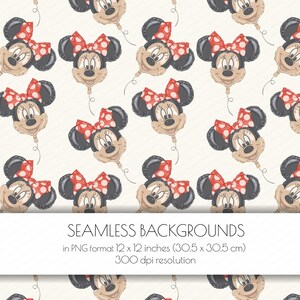 May include: Seamless pattern featuring Minnie Mouse balloon illustrations. The balloons have black ears, a beige face, and a red polka-dot bow. The background is a light beige color. The text at the bottom says "SEAMLESS BACKGROUNDS" and the dimensions are 12 x 12 inches.
