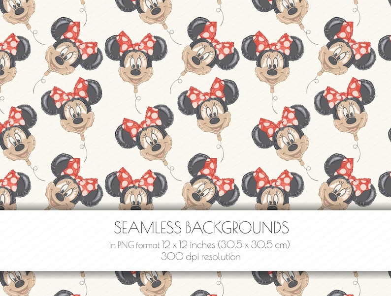 May include: Seamless pattern featuring Minnie Mouse balloon illustrations. The balloons have black ears, a beige face, and a red polka-dot bow. The background is a light beige color. The text at the bottom says "SEAMLESS BACKGROUNDS" and the dimensions are 12 x 12 inches.