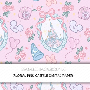 Könnte beinhalten: Nahtloses digitales Papier mit rosa Hintergrund, das ein sich wiederholendes Muster aus Schloss, Rosen, Schleifen und anderen skurrilen Elementen zeigt. Der Text "FLORAL PINK CASTLE DIGITAL PAPER" befindet sich unten.