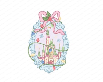 Puede incluir: Ilustración caprichosa de un castillo, adornado con un lazo rosa, acebo y luces de cadena. El castillo está enmarcado en un óvalo azul claro con remolinos decorativos. La paleta de colores incluye rosa, verde y tonos pastel, evocando un tema festivo.