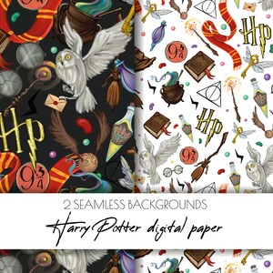 May include: Two seamless digital paper patterns featuring Harry Potter themed illustrations. The first pattern is on a black background and features a white owl, a potion bottle, a golden snitch, a Hogwarts scarf, and a book with the number 9 3/4 on the cover. The second pattern is on a white background and features a white owl, a potion bottle, a golden snitch, a Hogwarts scarf, and a book with the number 9 3/4 on the cover.