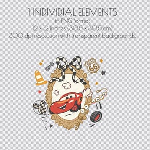 Puede incluir: Ilustraci&oacute;n de un coche de dibujos animados rojo dentro de un marco ovalado dorado, con un letrero de la Ruta 66, un lazo a cuadros y otros elementos relacionados con el autom&oacute;vil. El texto dice: "1 INDIVIDUAL ELEMENTS in PNG format 30,5 x 30,5 cm 300 dpi resolution with transparent backgrounds."