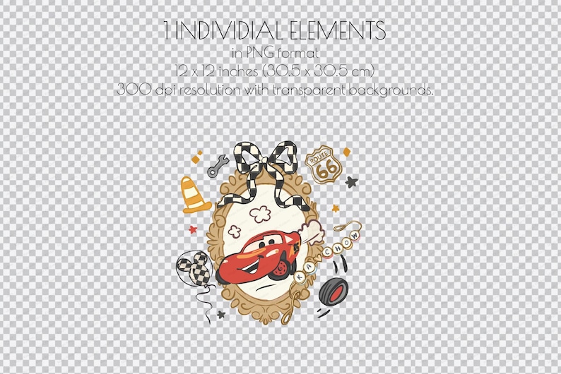 Puede incluir: Ilustraci&oacute;n de un coche de dibujos animados rojo dentro de un marco ovalado dorado, con un letrero de la Ruta 66, un lazo a cuadros y otros elementos relacionados con el autom&oacute;vil. El texto dice: "1 INDIVIDUAL ELEMENTS in PNG format 30,5 x 30,5 cm 300 dpi resolution with transparent backgrounds."