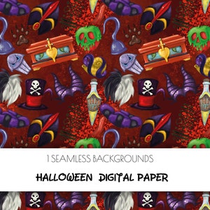 May include: A seamless digital paper pattern featuring a red background with various Halloween-themed illustrations, including a poisoned apple, a witch's hat, a hook, a chest, a bottle of potion, and horns. The text "1 SEAMLESS BACKGROUNDS HALLOWEEN DIGITAL PAPER" is at the bottom of the image.