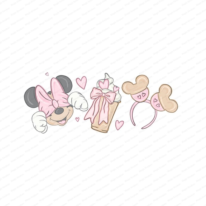 Puede incluir: Ilustraci&oacute;n caprichosa con Minnie Mouse, una magdalena y una diadema, todo en tonos rosa y beige. Minnie Mouse tiene un lazo rosa y detalles de coraz&oacute;n. La magdalena tiene un lazo rosa y chispas en forma de coraz&oacute;n. La diadema tiene orejas de Minnie Mouse.