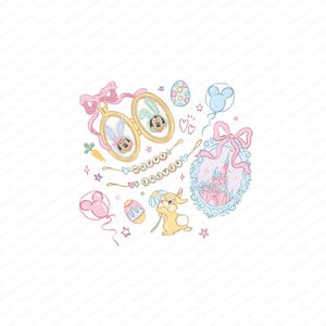 May include: A pastel pink and blue Easter themed illustration featuring Mickey Mouse, Minnie Mouse, a bunny rabbit, a castle, and eggs. The text "Happy Easter" is written in a banner.