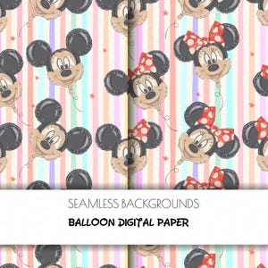 K&ouml;nnte beinhalten: Ein nahtloses digitales Papier mit einem sich wiederholenden Muster aus Ballon-Illustrationen von Mickey und Minnie Mouse K&ouml;pfen. Der Hintergrund besteht aus vertikalen Pastellstreifen in Rosa, Gelb und Blau, akzentuiert durch kleine orangefarbene Sterne.