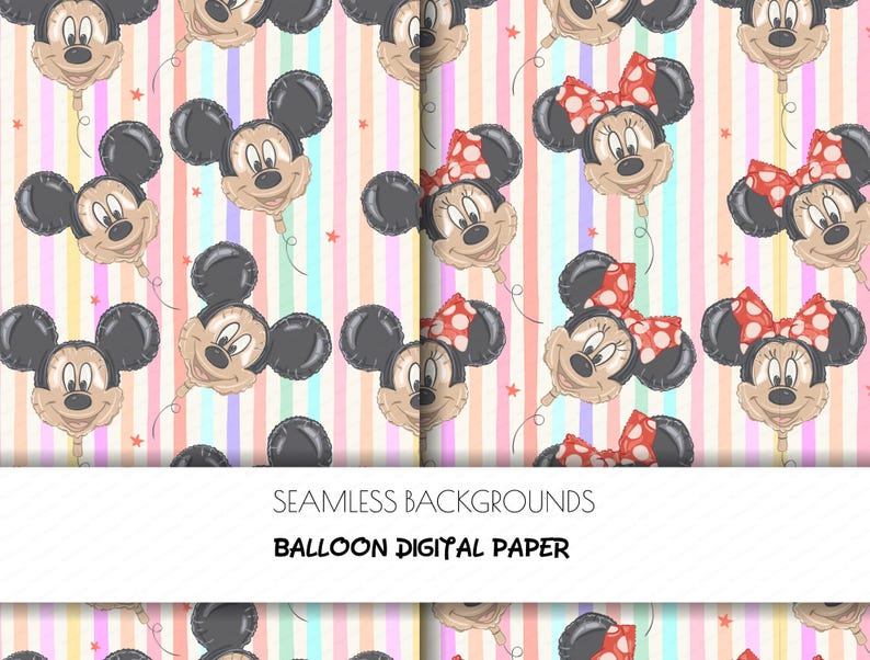 K&ouml;nnte beinhalten: Ein nahtloses digitales Papier mit einem sich wiederholenden Muster aus Ballon-Illustrationen von Mickey und Minnie Mouse K&ouml;pfen. Der Hintergrund besteht aus vertikalen Pastellstreifen in Rosa, Gelb und Blau, akzentuiert durch kleine orangefarbene Sterne.