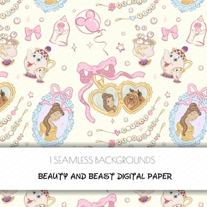Belle, Magic Kingdom, La Bella e la Bestia, Ciondolo a forma di cuore, carta digitale, cornice principessa, principesse, Ciondolo con fiocco Coquette, motivo senza cuciture