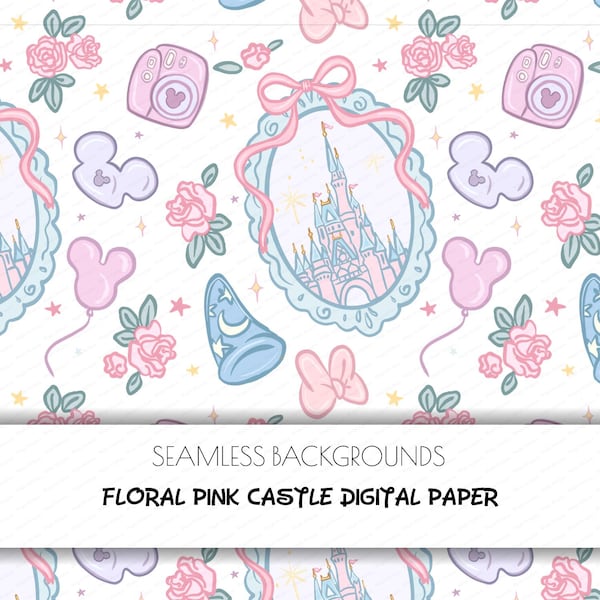 Papel digital Magic Kingdom, Castelo Rosa Floral, Viagem de Menina à Disney, Parque Temático, Pingente com Laço Coquette, Estampa sem Costura