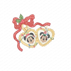 May include: A festive Christmas ornament featuring Mickey and Minnie Mouse in heart-shaped frames. The gold frames are adorned with Christmas lights and a red bow with white polka dots. Mickey and Minnie are wearing Santa hats.