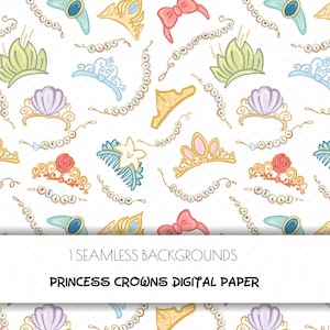 Peut inclure: Un motif sans couture présentant diverses couronnes de princesses, des tiaras, des nœuds et des colliers aux couleurs pastel. Le motif comprend le texte "PRINCESS CROWNS DIGITAL PAPER". Le fond est blanc.
