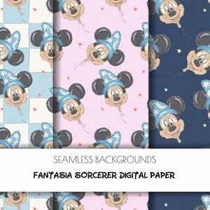 May include: Three seamless digital paper patterns featuring repeating Mickey Mouse sorcerer hat balloon illustrations. The designs include a light blue and white checkered background, a solid light pink background, and a solid dark navy blue background.