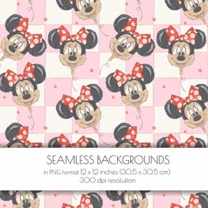 May include: Seamless background featuring repeating Minnie Mouse balloon illustrations with red polka dot bows on a pink and white checkered pattern. The text reads "SEAMLESS BACKGROUNDS" and specifies the PNG format and dimensions of 12 x 12 inches.