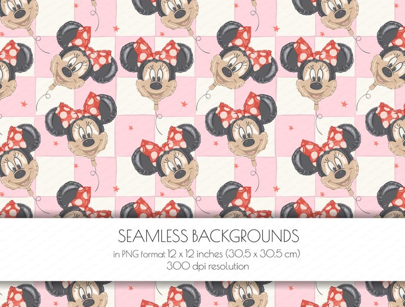 May include: Seamless background featuring repeating Minnie Mouse balloon illustrations with red polka dot bows on a pink and white checkered pattern. The text reads "SEAMLESS BACKGROUNDS" and specifies the PNG format and dimensions of 12 x 12 inches.