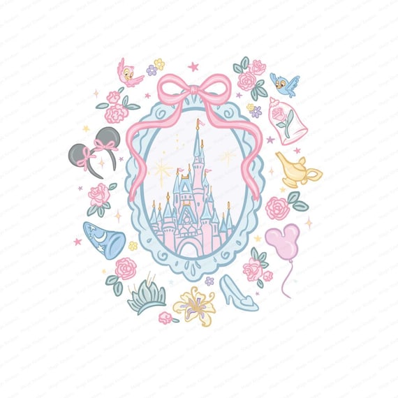 Magic Kingdom Castle,Floral Pink Castle,Princesses digital paper,Theme Park,Coquette Bows, Watercolor PNG