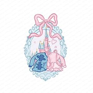 Könnte beinhalten: Eine skurrile Illustration mit zwei Zeichentrickfiguren, einer blauen und einer rosa, in einem hellblauen ovalen Rahmen. Oben befinden sich eine rosa Schleife und ein Schloss. Herzen und ein Schloss sind ebenfalls enthalten.