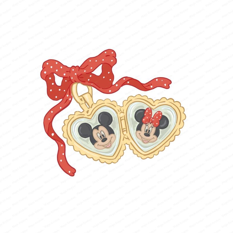 Puede incluir: Un medall&oacute;n de coraz&oacute;n dorado con una cinta roja con lunares blancos. El medall&oacute;n est&aacute; abierto, revelando im&aacute;genes de Mickey y Minnie Mouse.