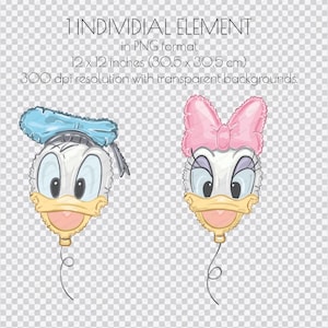 May include: Two digital illustrations of cartoon duck heads shaped like balloons, one with a blue hat and one with a pink bow. Text reads: 1 INDIVIDUAL ELEMENT in PNG format, 12 x 12 inches (30.5 x 30.5 cm), 300 dpi resolution with transparent backgrounds.