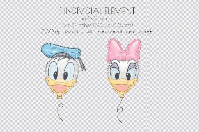 May include: Two digital illustrations of cartoon duck heads shaped like balloons, one with a blue hat and one with a pink bow. Text reads: 1 INDIVIDUAL ELEMENT in PNG format, 12 x 12 inches (30.5 x 30.5 cm), 300 dpi resolution with transparent backgrounds.