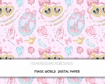 Magic Kingdom Digital Paper: Minnie Mouse Castle, Seamless Pattern (PNG)