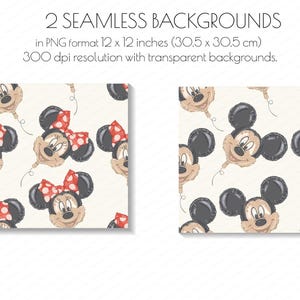May include: Two seamless backgrounds featuring a repeating pattern of Mickey and Minnie Mouse balloon illustrations. The balloons are beige with black ears and a red polka dot bow. The text reads "2 SEAMLESS BACKGROUNDS" and "in PNG format 12 x 12 inches (30.5 x 30.5 cm)".