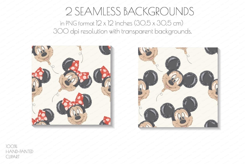 May include: Two seamless backgrounds featuring a repeating pattern of Mickey and Minnie Mouse balloon illustrations. The balloons are beige with black ears and a red polka dot bow. The text reads "2 SEAMLESS BACKGROUNDS" and "in PNG format 12 x 12 inches (30.5 x 30.5 cm)".