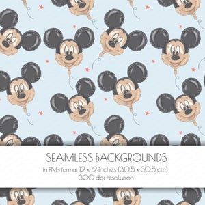 May include: A seamless background pattern with repeating Mickey Mouse balloon illustrations in tan and black on a light blue backdrop, with red star accents. The text at the bottom reads "SEAMLESS BACKGROUNDS" and specifies the dimensions as 30.5 x 30.5 cm.
