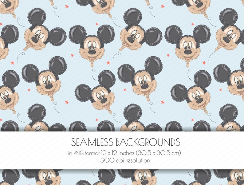 May include: A seamless background pattern with repeating Mickey Mouse balloon illustrations in tan and black on a light blue backdrop, with red star accents. The text at the bottom reads "SEAMLESS BACKGROUNDS" and specifies the dimensions as 30.5 x 30.5 cm.