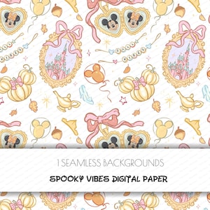 May include: Seamless digital paper with a white background featuring a repeating pattern of Mickey and Minnie Mouse, pumpkins, castles, bows, and balloons. The design includes the text "FALL VIBES" and "SPOOKY VIBES DIGITAL PAPER".