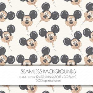 May include: Seamless background featuring repeating Mickey Mouse balloon illustrations in tan, black, and white. The balloons are in the shape of Mickey Mouse's head and face. The text at the bottom reads "SEAMLESS BACKGROUNDS in PNG format 12 x 12 inches (30.5 x 30.5 cm) 300 dpi resolution."