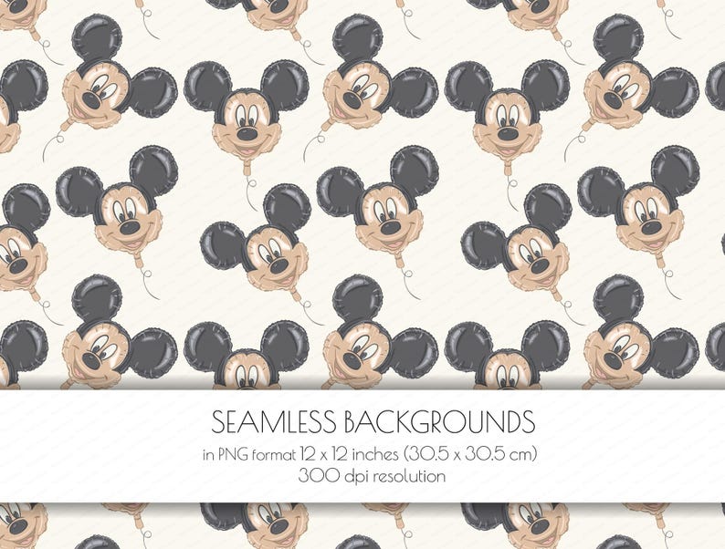 May include: Seamless background featuring repeating Mickey Mouse balloon illustrations in tan, black, and white. The balloons are in the shape of Mickey Mouse's head and face. The text at the bottom reads "SEAMLESS BACKGROUNDS in PNG format 12 x 12 inches (30.5 x 30.5 cm) 300 dpi resolution."