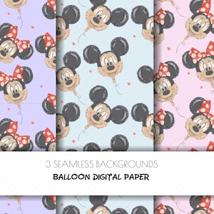 May include: Three seamless digital paper backgrounds featuring Mickey and Minnie Mouse balloon designs. The balloons have black ears, tan faces, and red and white polka dot bows. The backgrounds are light purple, light blue, and pink.