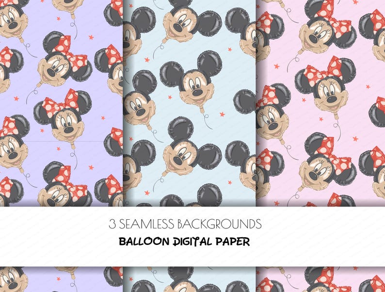 May include: Three seamless digital paper backgrounds featuring Mickey and Minnie Mouse balloon designs. The balloons have black ears, tan faces, and red and white polka dot bows. The backgrounds are light purple, light blue, and pink.