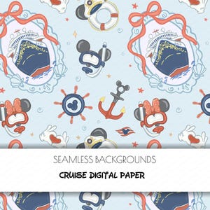 Puede incluir: Papel digital sin costuras con un fondo azul claro con ilustraciones temáticas de cruceros. Incluye cruceros, anclas, timones, personajes de Mickey y Minnie Mouse con máscaras de buceo y salvavidas. El texto "CRUISE DIGITAL PAPER" está en la parte inferior.