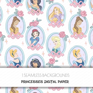 Könnte beinhalten: Nahtloses digitales Papier mit Illustrationen von Prinzessinnen in ovalen Rahmen, verziert mit rosa Schleifen und Rosen. Die Prinzessinnen sind vor einem weißen Hintergrund mit hellblauem Rand platziert. Der Text lautet "1 Seamless Backgrounds" und "Princesses Digital Paper".