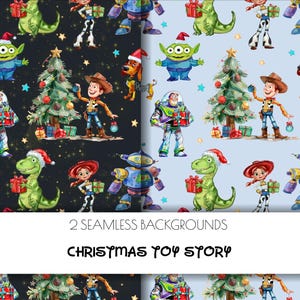Puede incluir: Dos fondos navideños sin costuras de Toy Story. Uno presenta un fondo azul oscuro con varios personajes, un árbol de Navidad y regalos. El otro tiene un fondo azul claro con los mismos personajes y elementos.