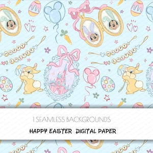 May include: A light blue digital paper featuring a repeating pattern of Easter-themed illustrations. The design includes Mickey and Minnie Mouse in Easter bunny costumes, Easter eggs, balloons, and the text "Happy Easter".