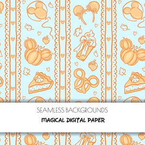 May include: A light blue digital paper pattern featuring orange line art illustrations of mouse-ear headbands, balloons, pumpkins, acorns, pretzels, and pie slices arranged in vertical stripes. The text reads SEAMLESS BACKGROUNDS MAGICAL DIGITAL PAPER.