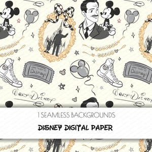 Könnte beinhalten: Nahtloses digitales Papier mit Illustrationen von Mickey Mouse, Walt Disney, Turnschuhen und Disney-Tickets. Das sich wiederholende Muster zeigt Schwarz-Weiß-Zeichnungen mit goldenen Akzenten auf cremefarbenem Hintergrund. Der Text "ONE TICKET TO Disney!" ist sichtbar.