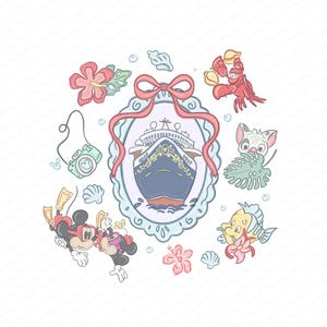 Puede incluir: Ilustración de temática náutica con un crucero dentro de un marco decorativo, rodeado de personajes de dibujos animados, flores, conchas marinas y una cámara. Mickey y Minnie Mouse bucean con esnórquel. La paleta de colores incluye azul, rojo, rosa y blanco.