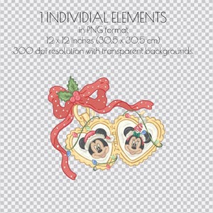 May include: A digital illustration featuring Mickey and Minnie Mouse in Christmas attire, framed within heart-shaped ornaments. A red bow with holly accents and the text "1 INDIVIDUAL ELEMENTS in PNG format 12 x 12 inches (30.5 x 30.5 cm) 300 dpi resolution with transparent backgrounds" are also present.