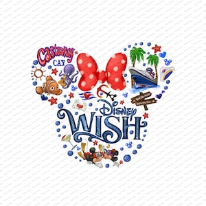 May include: A blue and white Disney Wish cruise ship with a red bow and a red, white, and blue Mickey Mouse head. The ship is surrounded by blue and white nautical themed icons, including a starfish, an anchor, a seashell, and a Mickey Mouse head. The text "Castaway Cay" and "Disney Wish" are also included in the design.