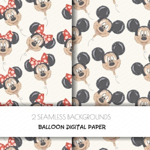May include: Two seamless digital backgrounds featuring cartoon balloon designs. One background showcases Minnie Mouse balloons with red polka dot bows. The other background displays Mickey Mouse balloons. The text "2 SEAMLESS BACKGROUNDS BALLOON DIGITAL PAPER" is visible.