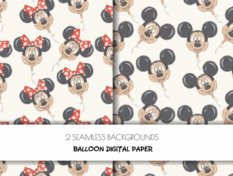 May include: Two seamless digital backgrounds featuring cartoon balloon designs. One background showcases Minnie Mouse balloons with red polka dot bows. The other background displays Mickey Mouse balloons. The text "2 SEAMLESS BACKGROUNDS BALLOON DIGITAL PAPER" is visible.
