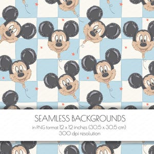 May include: Seamless background pattern featuring Mickey Mouse balloon illustrations on a checkered blue and white background with red star accents. The text at the bottom reads "SEAMLESS BACKGROUNDS in PNG format 12 x 12 inches (30.5 x 30.5 cm) 300 dpi resolution."
